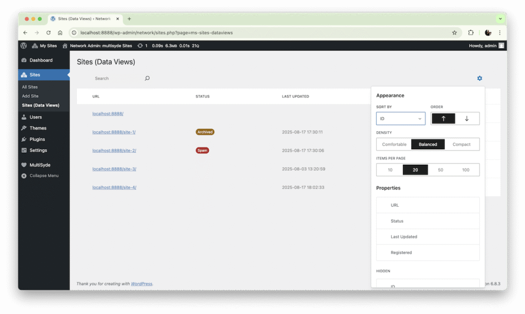 Die Network Admin Sites Oberfläche mit DataViews und DataForms - ohne Styling.