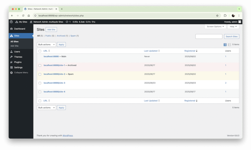 The current Network Admin “Sites” screen.